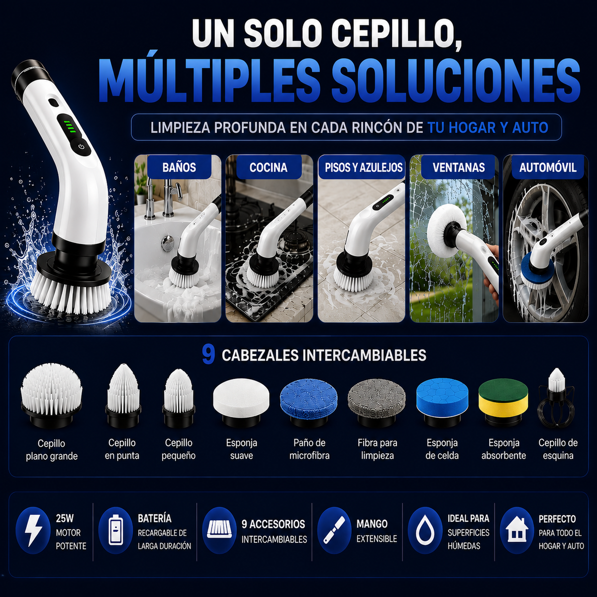 CEPILLO ELECTRICO 9 EN 1 - LIMPIA FÁCIL Y SIN ESFUERZO