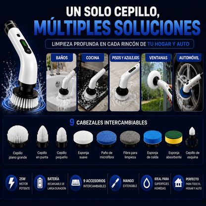 CEPILLO ELECTRICO 9 EN 1 - LIMPIA FÁCIL Y SIN ESFUERZO