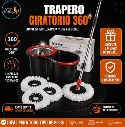 🧹 Trapero Giratorio 360° con Balde Autoescurrible + 3 Mopas GRATIS